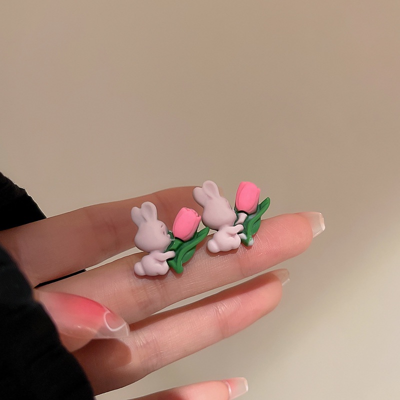 Anting Tusuk Motif Kartun Kelinci Tulip Lucu Ala Jepang / Korea Warna Pink Untuk Wanita