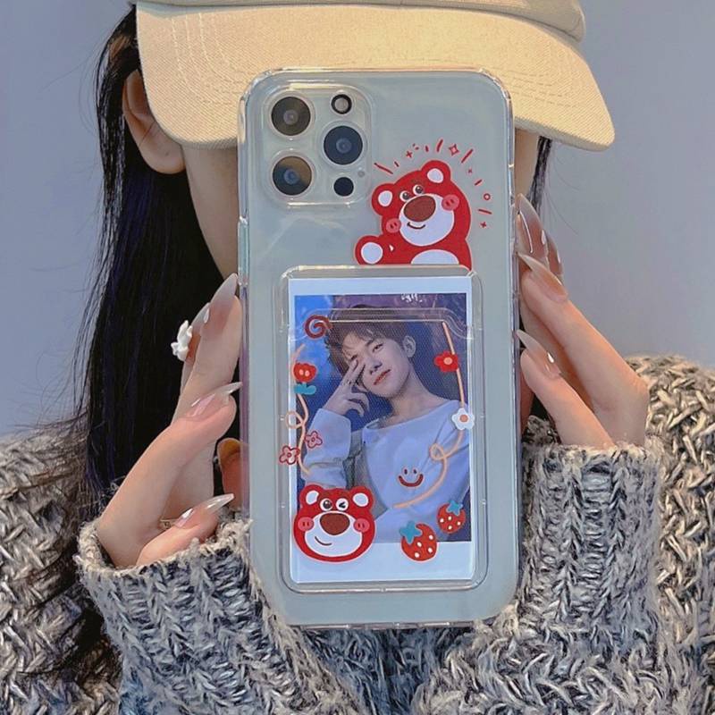 Cartoon Straberry Bear Card Bag Soft Case iPhone 6 6S 7 8 + Plus X XR XS Max 11 12 Pro Max SE 2020 Clear Casing Xiaomi Redmi 9A 9C 9T Note 8 Pro