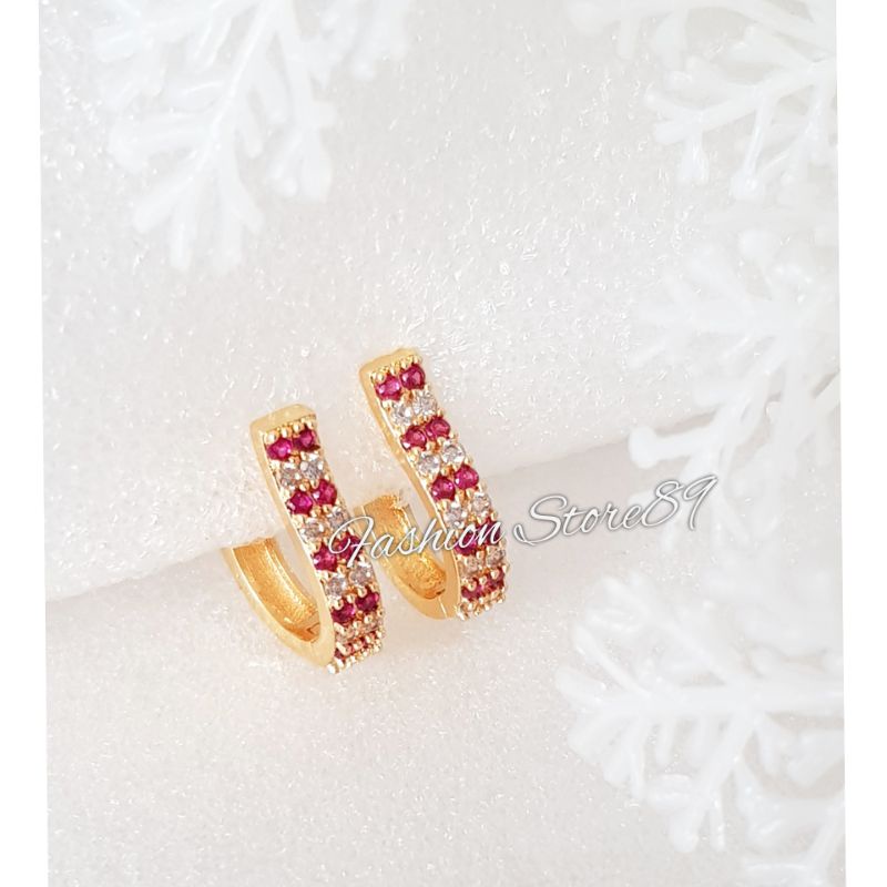 Anting Jepit Simple Elegant 2baris mata kombinasi pink white perhiasan lapis Emas 18k Xuping Yaxiya