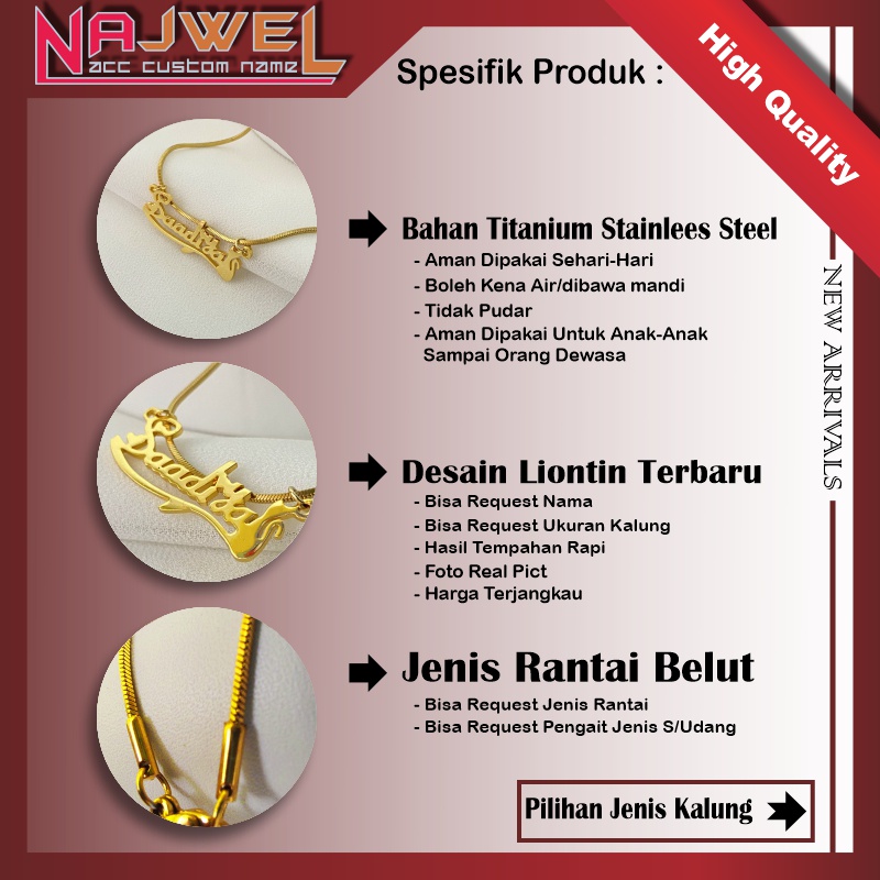 Kalung custom nama titanium anti karat rantai belut aksesoris fashion wanita korea cocok untuk kado ulang tahun hadiah pasangan cewek cowok