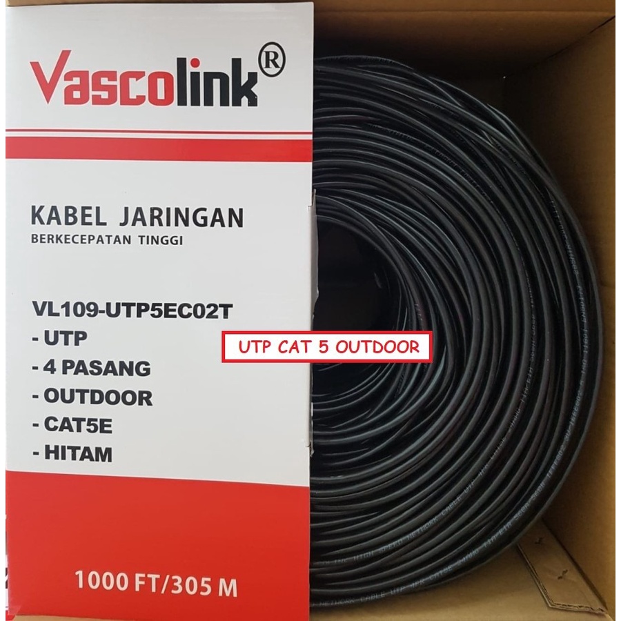 Kabel LAN UTP Cat5E Outdoor Vascolink Warna Hitam Black 305meter
