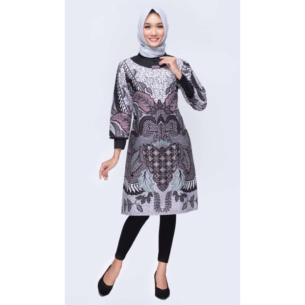 DRESS TUNIK ATASAN BAJU SERAGAM BATIK WANITA JUMBO MORINA POLA ABU M-5L