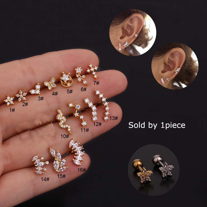 1piece Screw Stainless Steel Ear Stud 16G 6mm Length Upper Lobe Tragus Helix Piercing Copper with Zircon