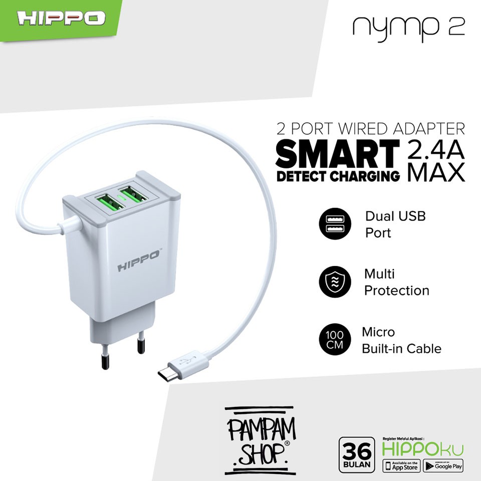 Kepala Adaptor Charger Hippo NYMP 2 Dual USB 2 Port Output 2.4A Original 100% Ori Adapter Casan