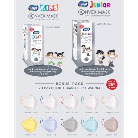 Masker Sensi Convex Kids 5Ply / KF94 Anak / Masker Anak Medis Surgical isi 20pc +5pc (FREE)