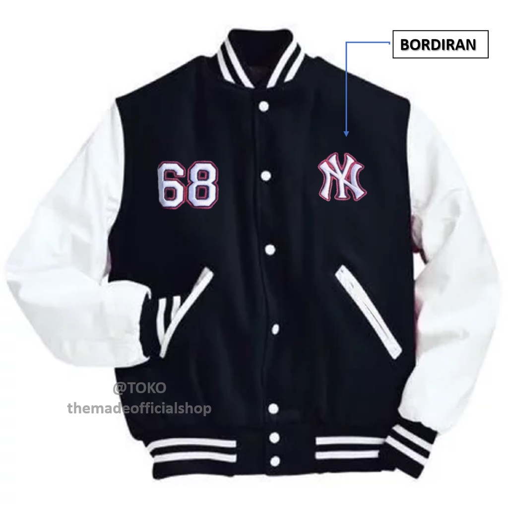 Jaket Baseball NY Motif Bordir Original / Jaket Baseball Varsity Bordiran Motif NY Warna Kombinasi Berkancing