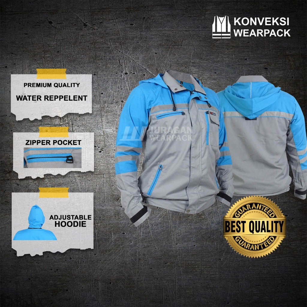 Wearpack Safety Jaket Hoodie Weather Shield Warna Biru Toska Kombinasi Abu-abu