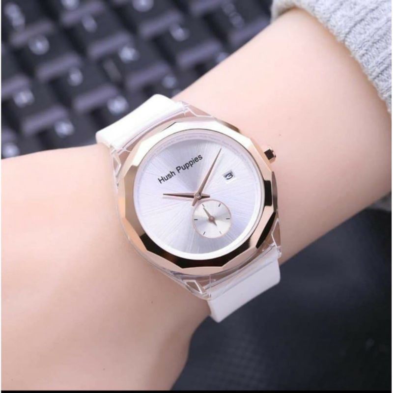 (Cod)Jam Tangan Wanita Hushpuppies Bulat Strap Rubber Tanggal Aktif(Dikirim Jakarta)