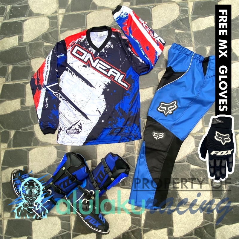 Jersey, Celana, Sarung Tangan &amp; Sepatu Fullprint with Protectors Fullset MX Trail Motocross - Paket Bundling FOCTFG050706-F413