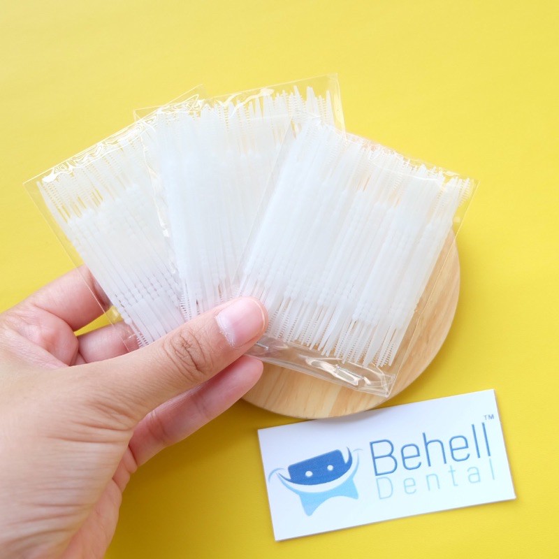 100pcs TUSUK GIGI 2 SISI BEHEL PREMIUM PUTIH - Dental Floss Pembersih Sela Celah Ortho Kawat Bracket - Tooth Brush Interdental Pick Picks Plastik - Sikat Gigi Behel Anti Penghilang Plak Karang Gigi - Behelldental