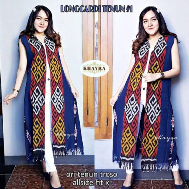 Cardigan tenun motif toraja biru + free masker tenun