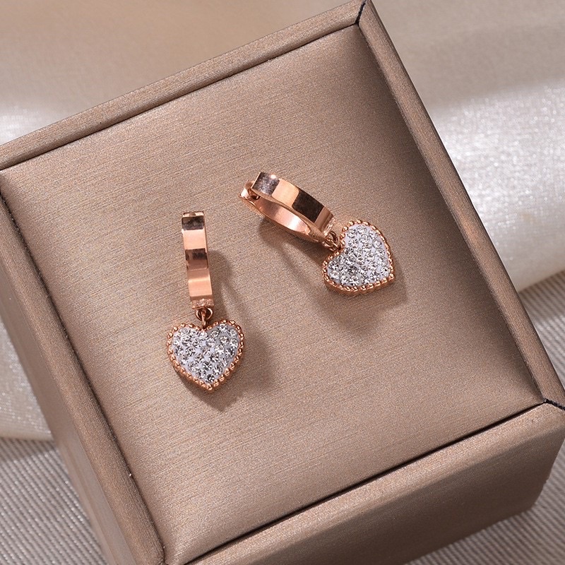 Anting Titanium Anti Karat Tidak Alergi Full Permata Love Cinta Rosegold AP-5F-Mata Putih