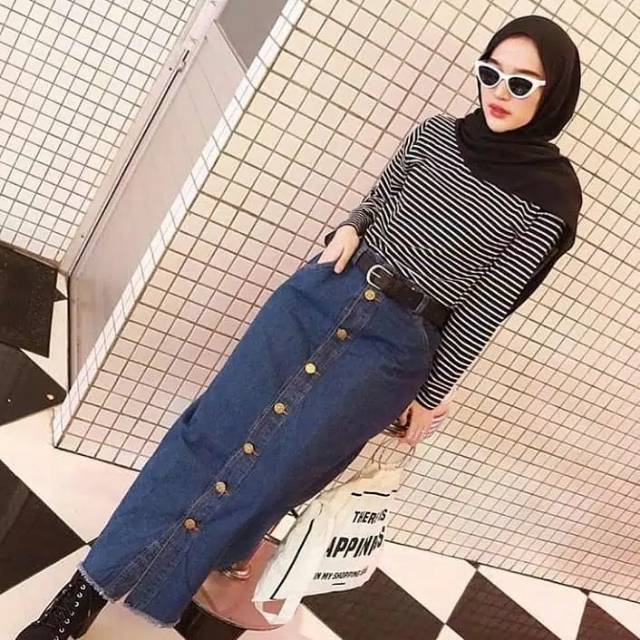 Button skirt rok jeans pakaian wanita