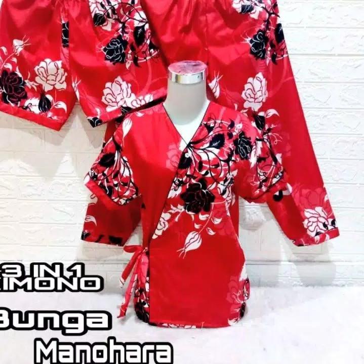 JNV Kimono 3in1 Wanita Motif Bunga - Karakter Kartun - Satin Embos - Baju tidur Kimono 3in1 - Bahan