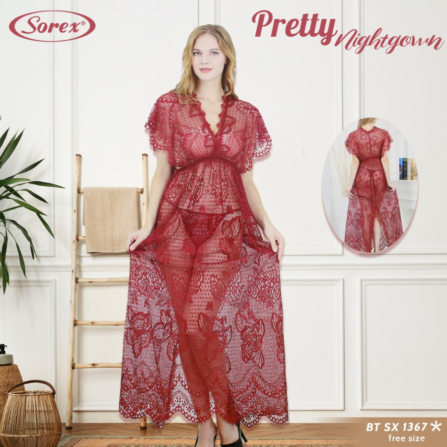 Pretty Longnightgown Brokat + Transparan Plus Gstring Sorex 1367 ORI