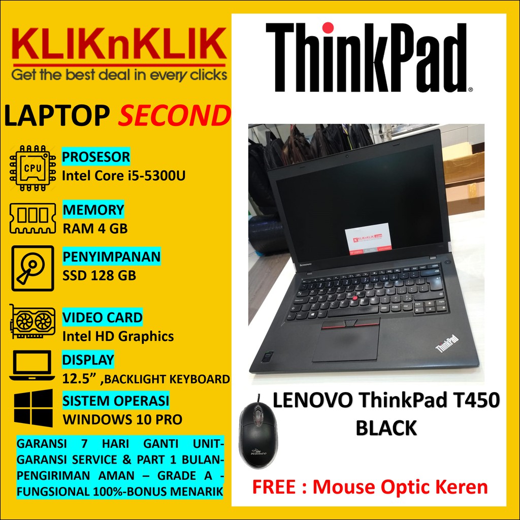 LAPTOP SECOND LENOVO THINKPAD T450 CORE i5-5300U RAM 4 GB SSD 128 GB - BACKLIGHT- WIN10PRO - BLACK