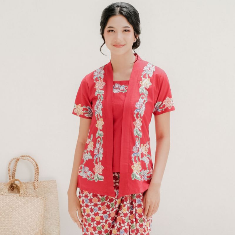 Kebaya Encim Batik Lengan Pendek by Khalisa Batik- Merah