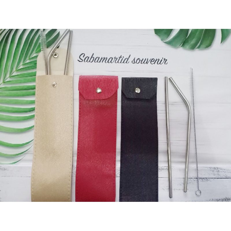 Souvenir Sedotan Stainles 3 In 1 Kemas Pouch Kulit