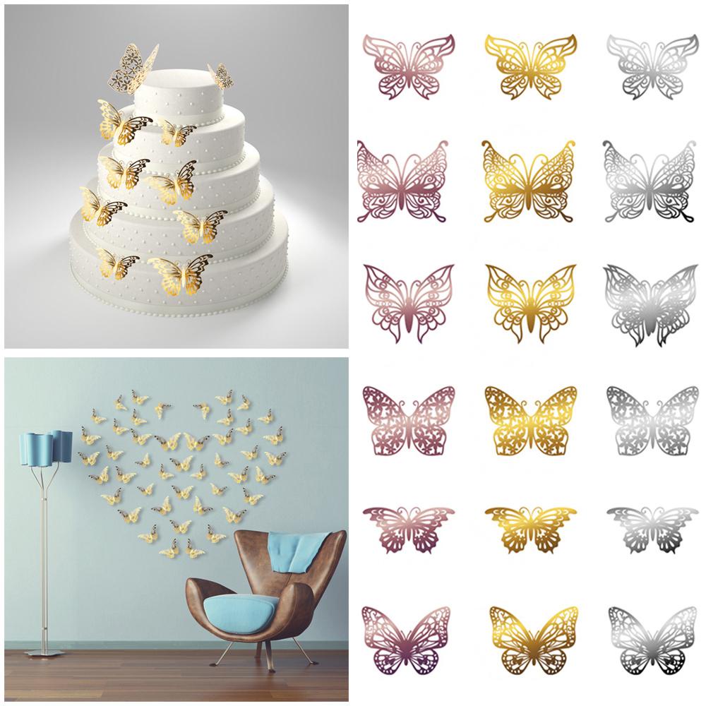 R-flower 12PCS/Pack 3D Butterfly Stiker Perlengkapan Pesta Dekorasi Rumah Tekstur Logam Dinding Art