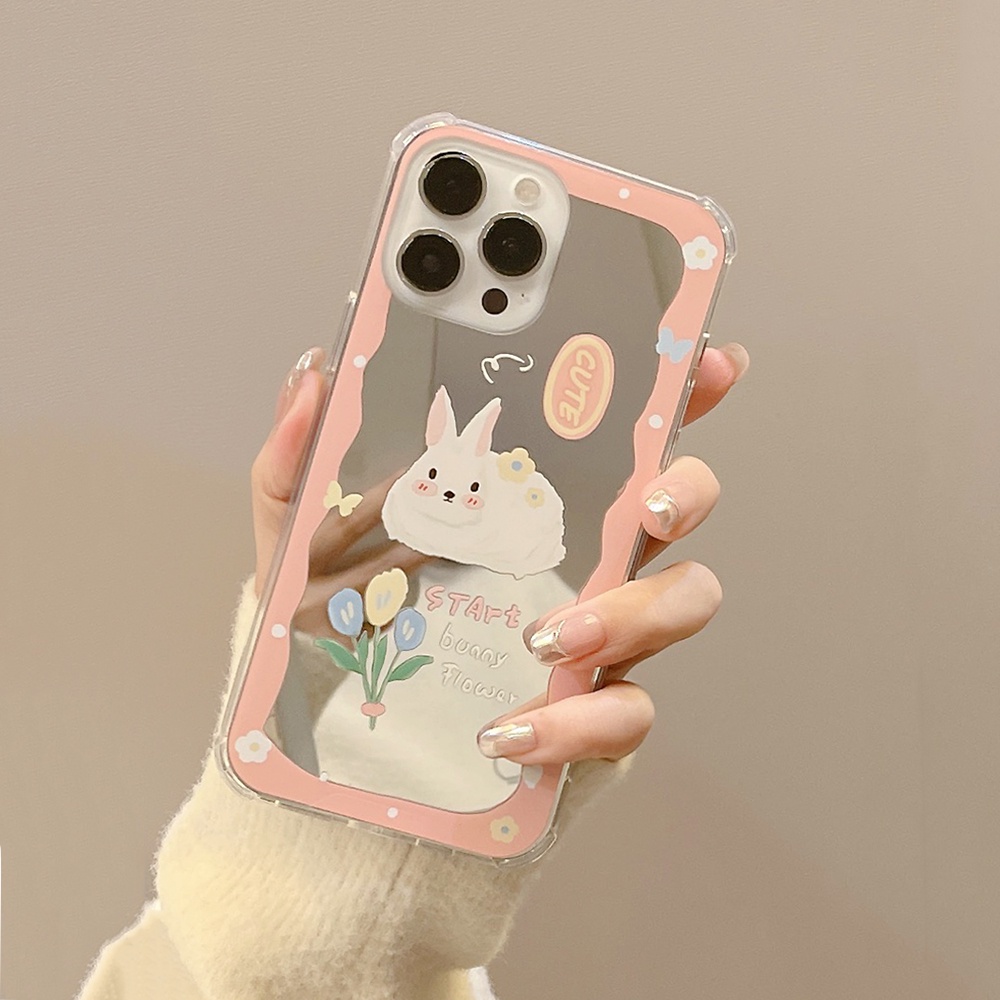 ins Makeup Mirror Shock Proof Soft Case IP Iphone 7 8 Plus X XR XS Max IPhone 11 Pro Max 12 13 Pro Max SE 2020 12 13 mini Cutee Pink Bunny rabbit Casing