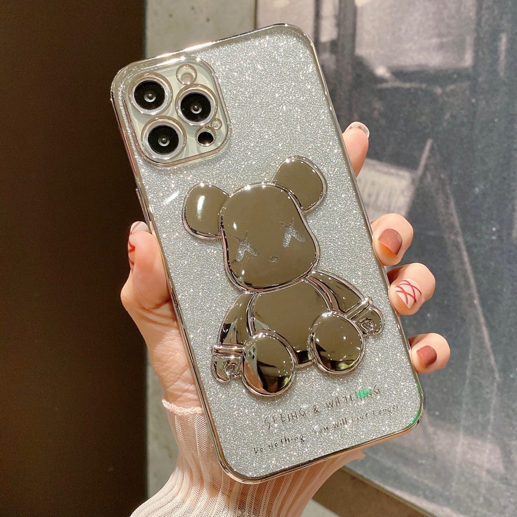 Casing Soft Case iPhone 11 12 13 Pro MAX XR XS MAX 7 + 8Plus XX 6D Motif Beruang Glitter