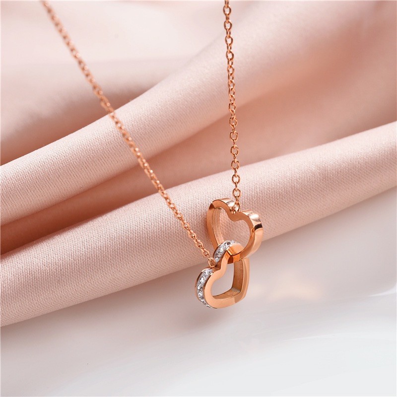 235# Kalung Wanita titanium lapis emas 18k model Couple Love / Sepasang Hati rosegold-1