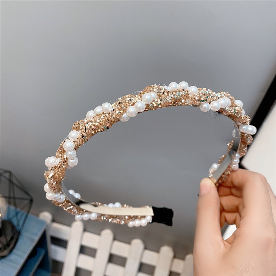 Korean Pearl Sequined Headband Twist Braided Shiny Hair Band Women Hair Accessories