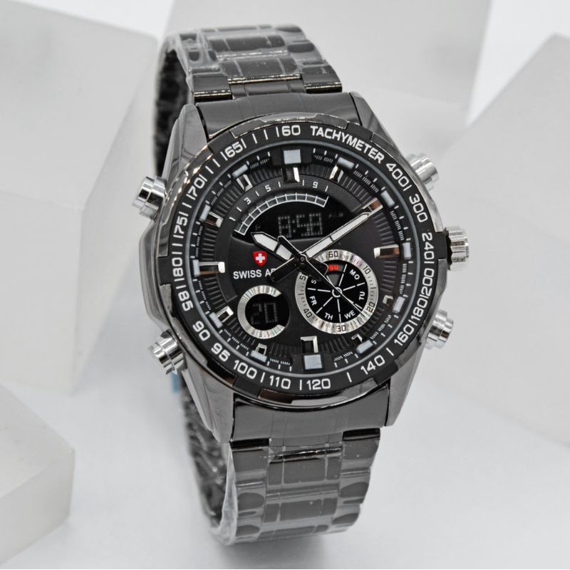 Best Seller√√Jam Tangan Pria Stainless Analog+Digital Tanggal Hari Aktif