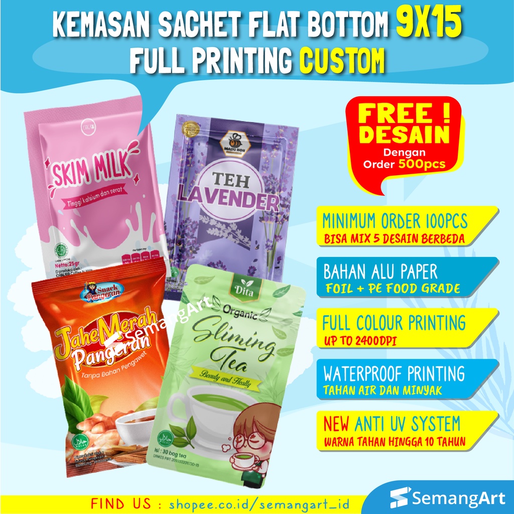 Cetak Kemasan Sachet 9x15 Flat Bottom Plastik Klip Full Printing Bungkus Makanan Cetak Kemasan Sache