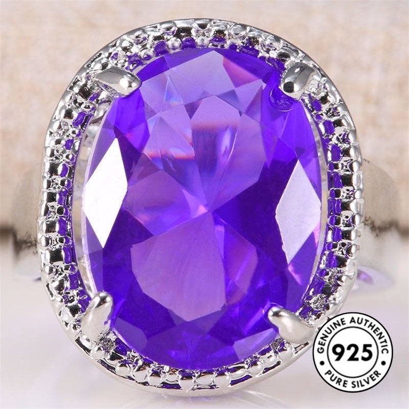 Cincin Silver S925 Hias Batu Permata Amethyst Besar Elegan Untuk Wanita