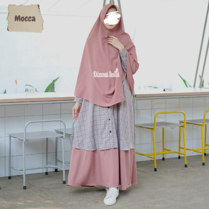 Zaina Set by Khizaanah Sunnah ( Gamis Set Katun Madina Motif Kotak mix Ity Crepe + Free Cadar)