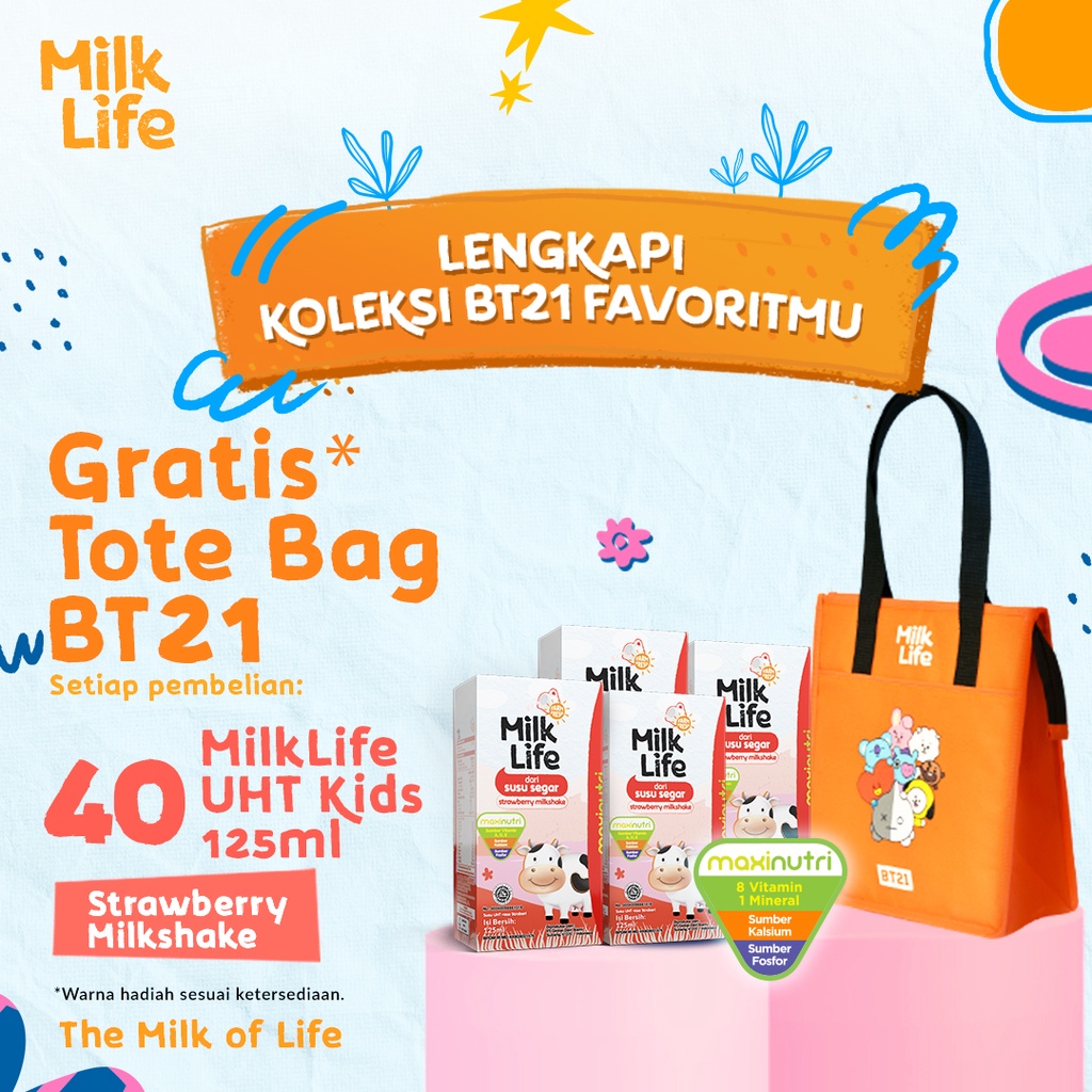 MilkLife Stroberi Milkshake - UHT Kids [40 pcs/Tetra Slim Leaf 125 ml] - FREE Cooler Bag Special BT2