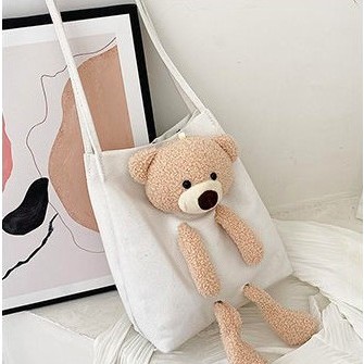 Amadela Story - Tas Bahu Shoulder Tote Bag Wanita Lucu Boneka Bear Tote Bag Teddy Bear Tote Bag Boneka Tas Boneka Shoulder Bag Wanita Tas Kain Kanvas Canvas Bag Tas Wanita Lucu Murah Tas Santai Tas Kuliah