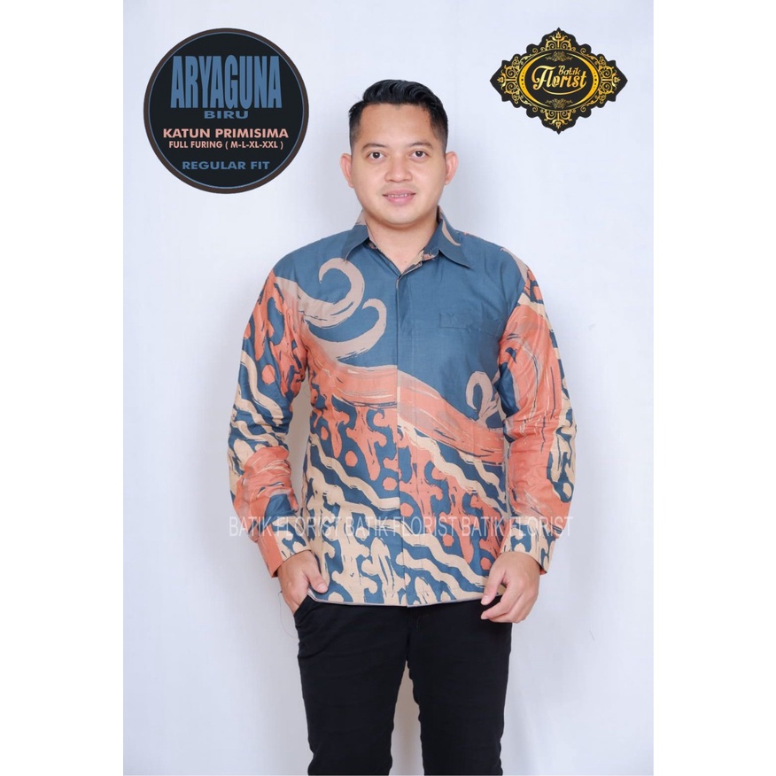 Batik pria lengan panjang modern BIRU ORANGE ORIGINAL BAJU PREMIUM KEKINIAN BATIK SOLO MURAH TERBARU