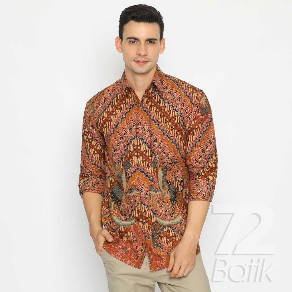 KEMEJA BATIK PRIA Lengan Panjang Premium Parang Seling Kusumo Oranye Coklat 726462 Cap 72 - Baju Kemeja Atasan Pakaian Setelan Batik Pria Cowok Laki Laki Remaja Keluarga Kantor Lengan Panjang Modern Slimfit Slim Fit Premium Kekinian