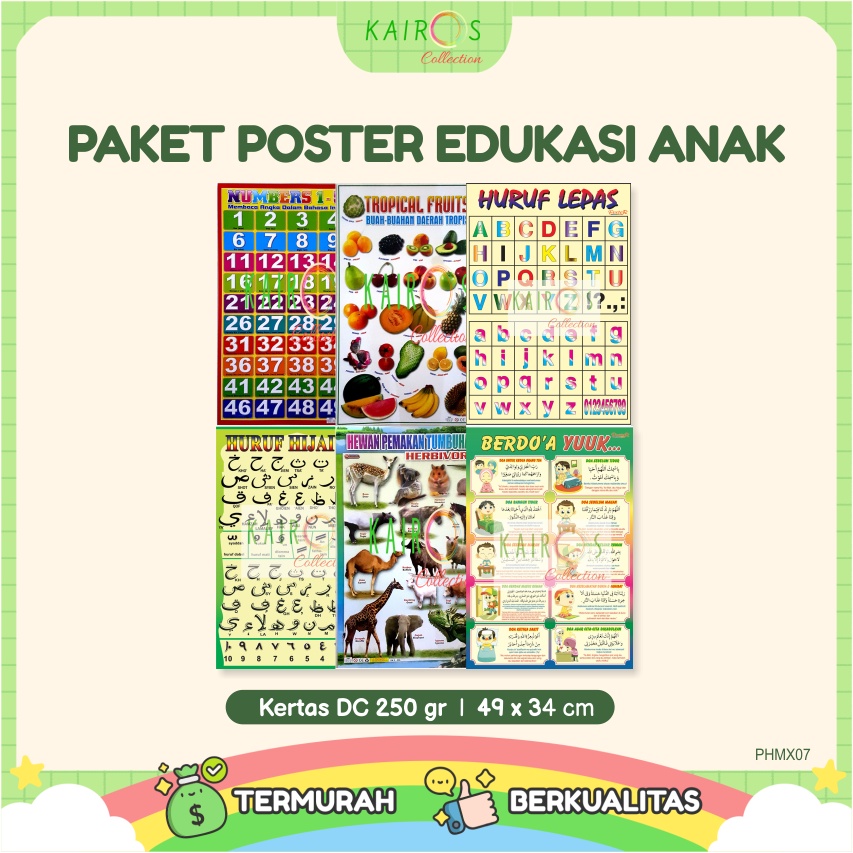 Paket 6 Poster Dinding Edukasi Anak Belajar Doa, Angka, Buah, Hijaiyah, Huruf ABC, Binatang