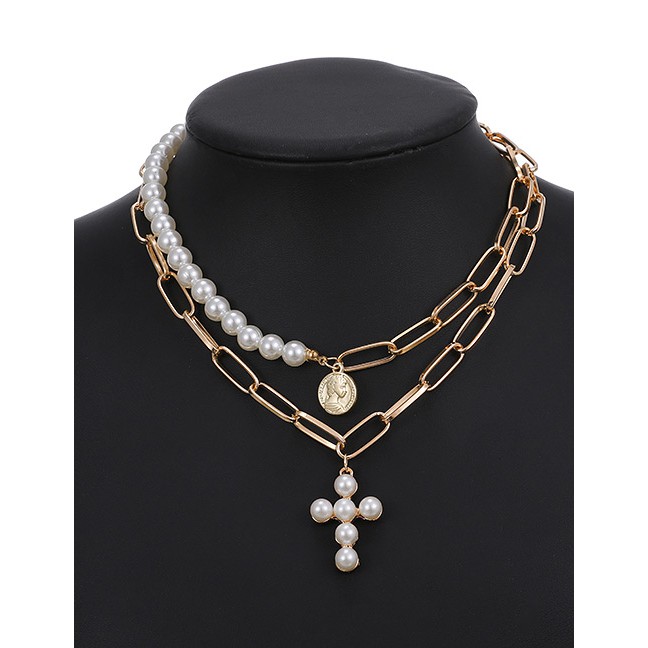 LRC Kalung Wanita Fashion Gold Color Alloy Double Pearl Cross Necklace P03025