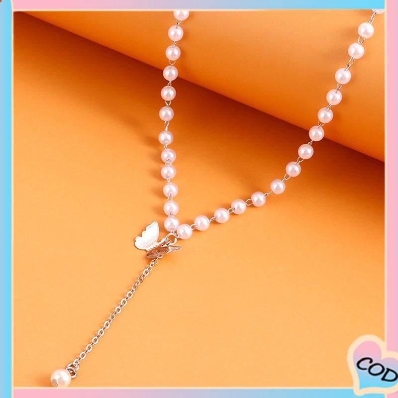 COD❤️ Retro Butterfly Pearl Kalung Lembut Gadis Kecil Cinta Liontin Kalung Rantai Klavikula-A.one