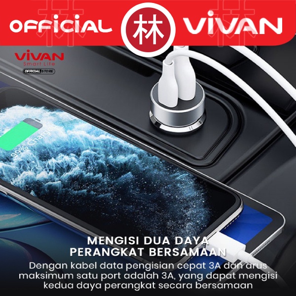 VIVAN VCC02 Car Charger Casan Mobil 2 Port USB-A USB-C 20W 3A QC3.0 PD