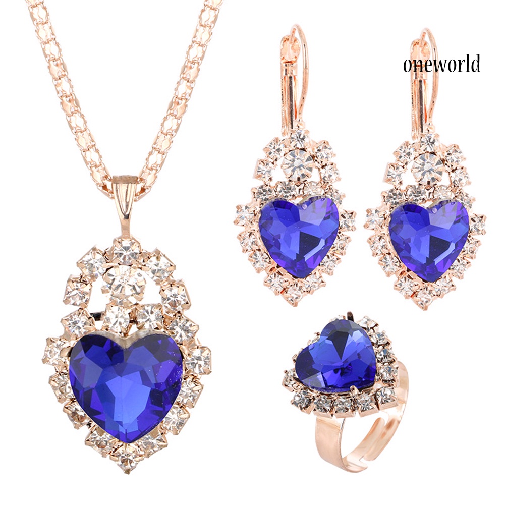 OW@ Wedding Heart Pendant Rhinestone Inlay Necklace Earrings Ring Bridal Jewelry Set