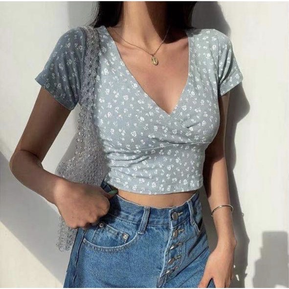 IL - Enrosie Crop Top Wanita | Crop Top Wanita Deep V Motif Bunga