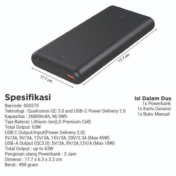 Aukey Powerbank 26800 mAh USB C PD 2.0 & QC 3.0 - 500275