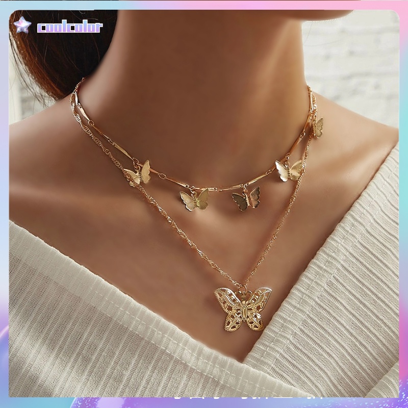 【Ready stock】Kalung wanita korean style rantai Liontin Kupu-kupu Baru Kalung Multi-layer Kreatif Retro Emas Alloy Kalung Double-layer fashion murah COD