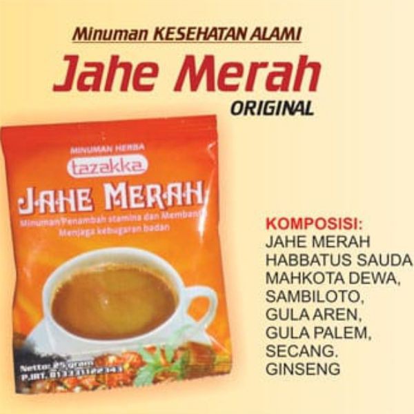 

minuman instan sachet jahe merah original tazakka alami tanpa efek samping berkualitas 1 renteng isi 10 shacet