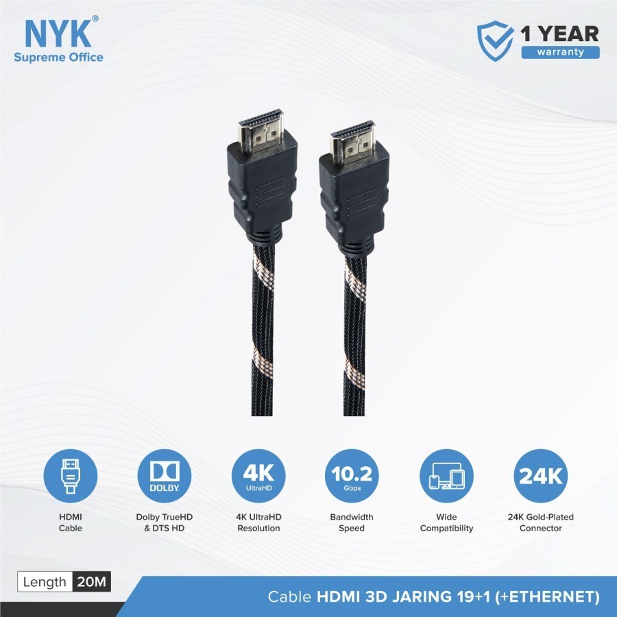 KABEL HDMI NYK GOLD PLATE + ETHERNET 20M