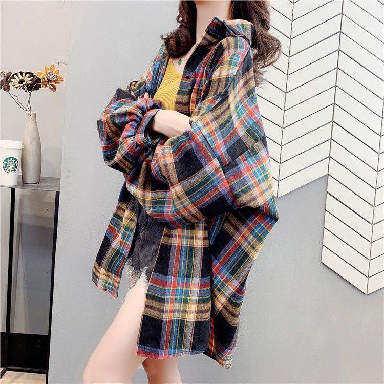 Kemeja wanita casual Kotak-kotak Lengan Panjang Blouse/Model Longgar Kemeja Wanita Casual Kemeja wanita-1