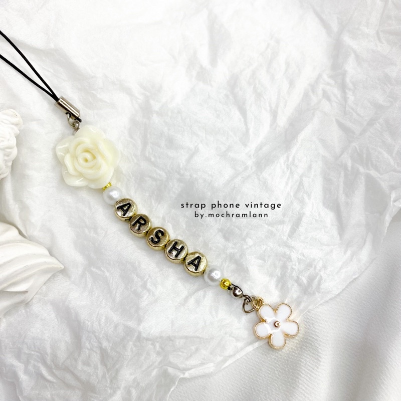 [WNG-02] Strap White and Gold CUSTOM NAMA/ Strap Phone/ gantungan HP/Flashdisk / Gantungan tas