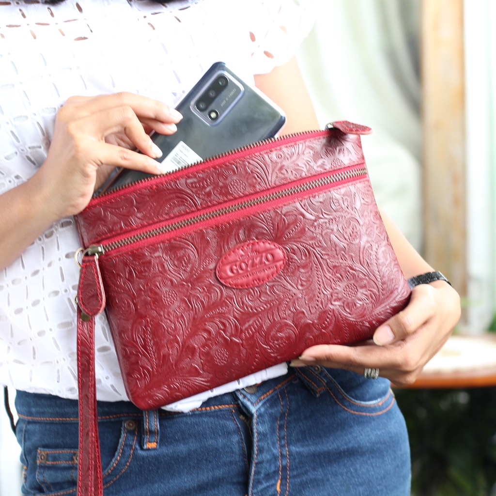 CLUTCH WANITA KULIT SAPI PULL UP ASLI LAILY DOUBLE ZIPPER BATIK MAROON / FREE GRAVIR NAMA