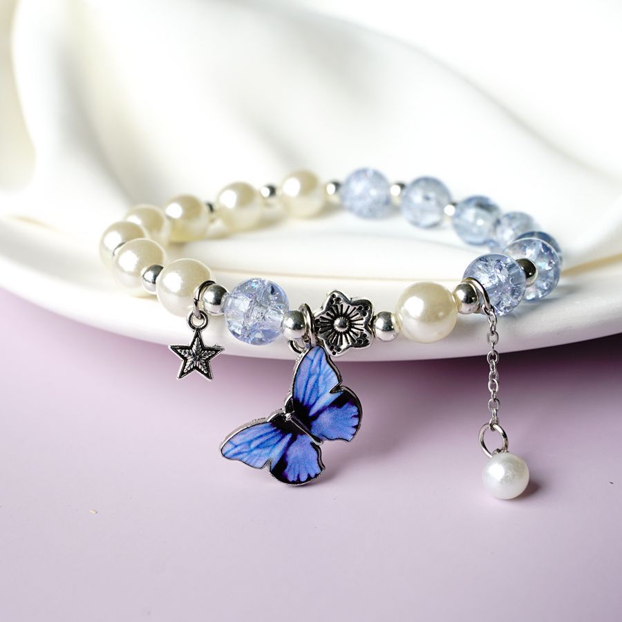 Lovely Crystal Beads Butterfly Charm Fortune Bracelet for Women Girls Wrist Chain Bangle Jewelry