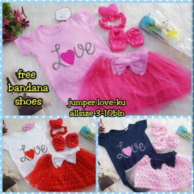 Baju Bayi Perempuan Setelan Jumper rok tutu ROSELOVE free bandana dan sepatu Anak cewek
